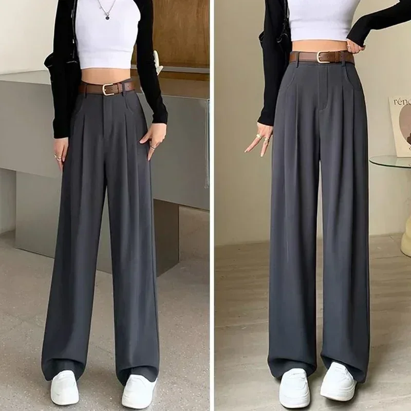 Women Fashion Suit Pants Lady Breathable Baggy High Waist Wide Leg Summer Trousers Lady Straight Leg Black Coffee Classic Pants