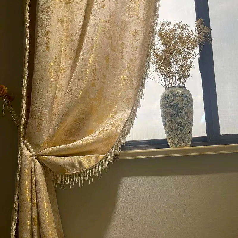 high-grade Northern modern luxury  gold jacquard cloth bead lace cloth livingroom curtain M1751