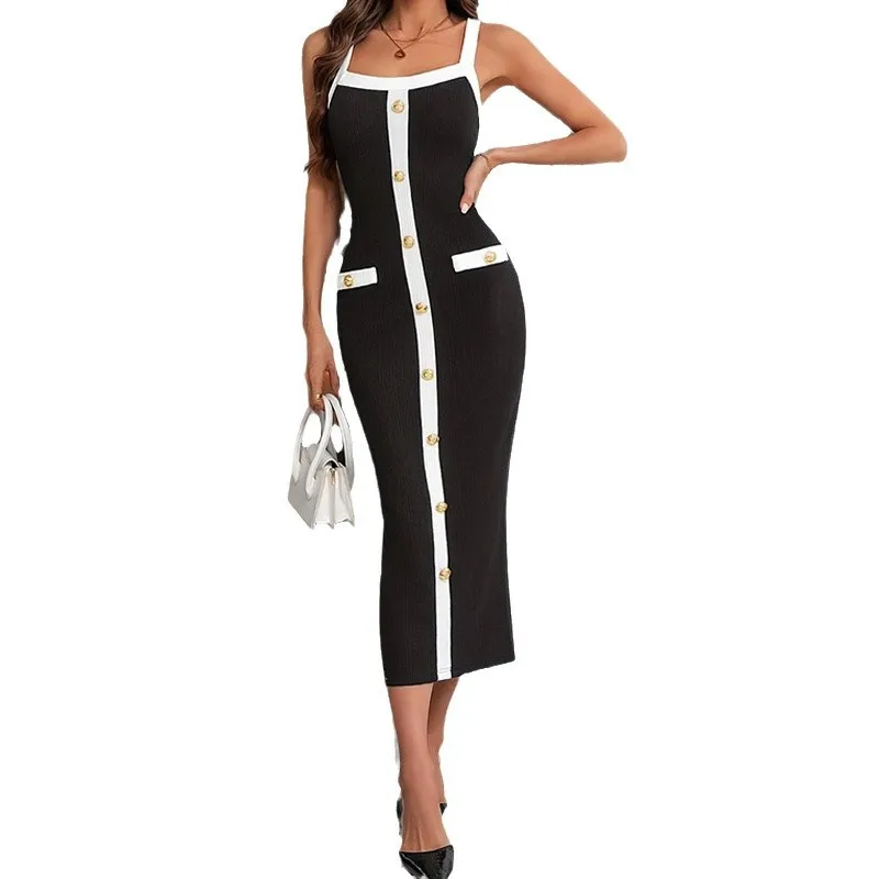 

Knitted Elastic Strap Dress Bodycon Dress Elegant Romantic Versatile Long Dress Button Decoration Dress