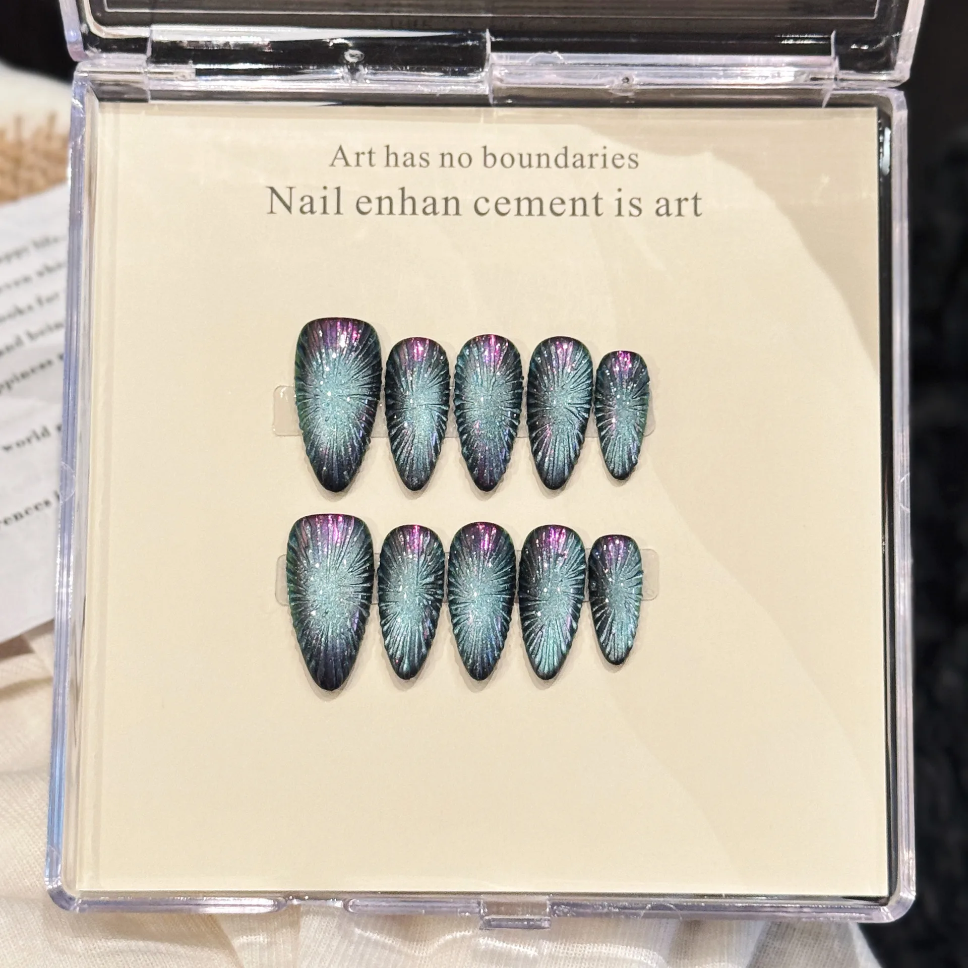 10pcs Handmade Press On Nails Flash Dark Blue Cat's Eye European False Nails Full Cover Glossy Almond Fake Nail For Women Girls