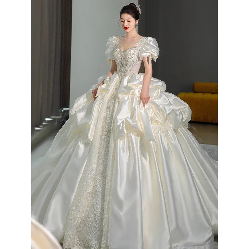 Satin long tailed Dress Luxury Bubble Sleeves Wedding Dress Beading Starry Sky Bride Dress Ball Gown Quinceanera