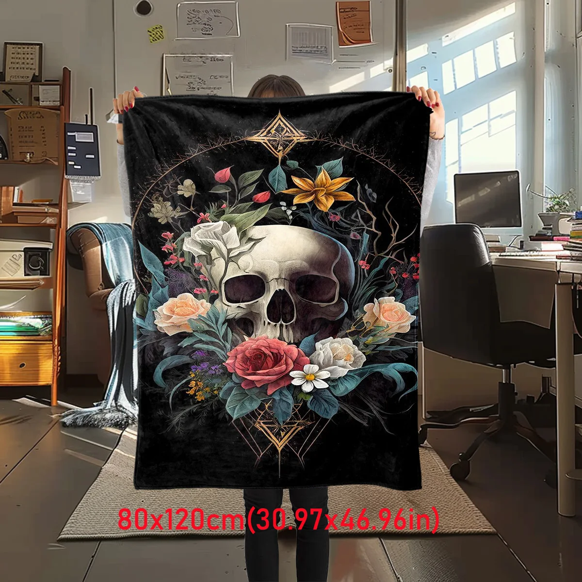 Gothic Skull With Colorful Roses Floral Print Flannel Blanket Soft Throw Blanket for Sofa Bed Couch All‑Season Cozy Blanket