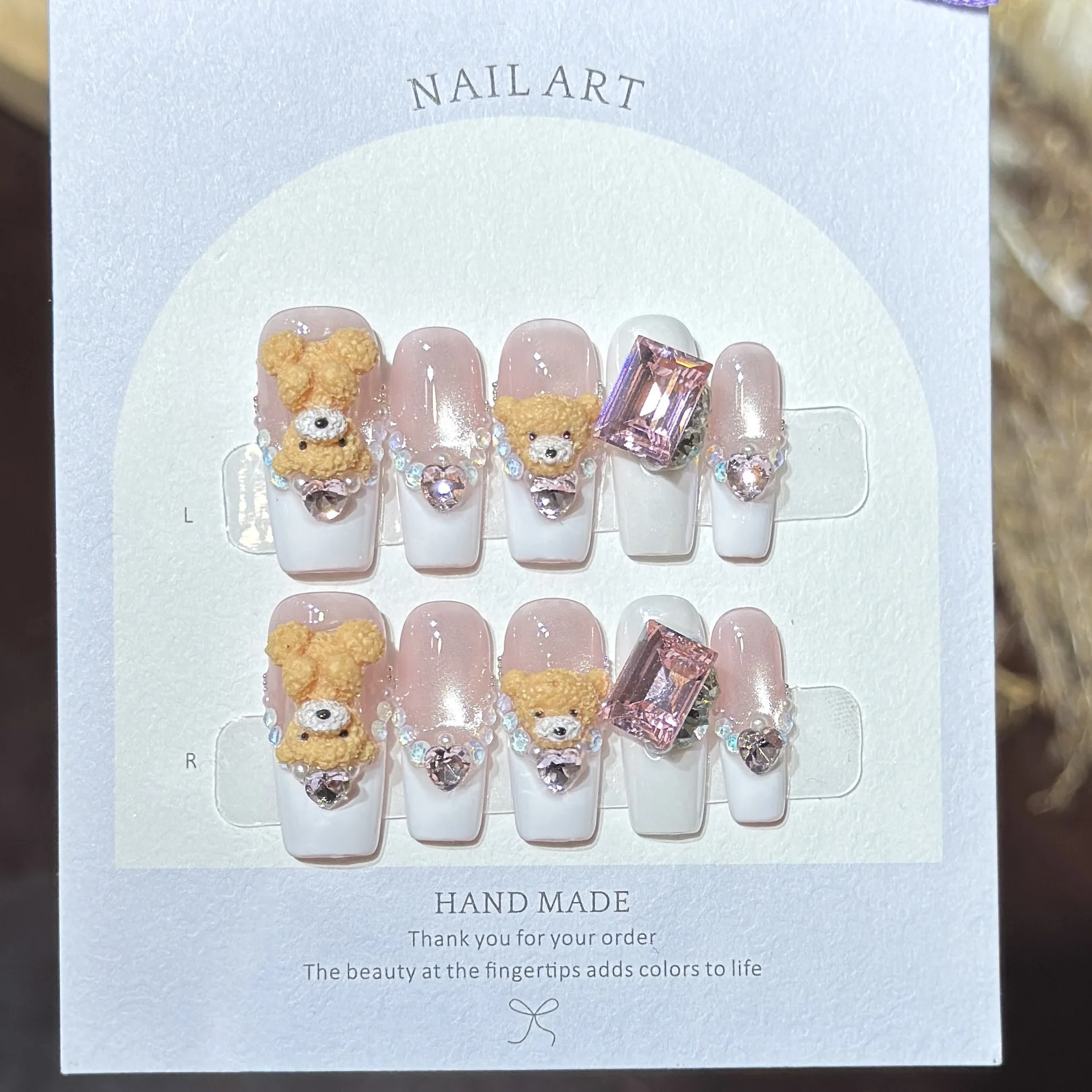 10pcs 3D Teddy Bear Handmade Press On Nails Pink French Tip Heart Rhinestone Long Square Fake Nail for Women Nail Art