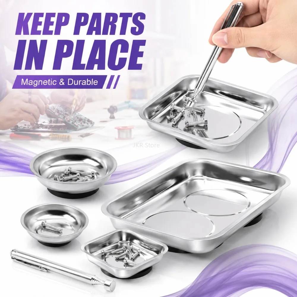 Stainless Steel Magnetic Parts Tray Round Square Bowl for Screws Nuts Bolts Tool Box Garage Repair Organization Use Tool Kit