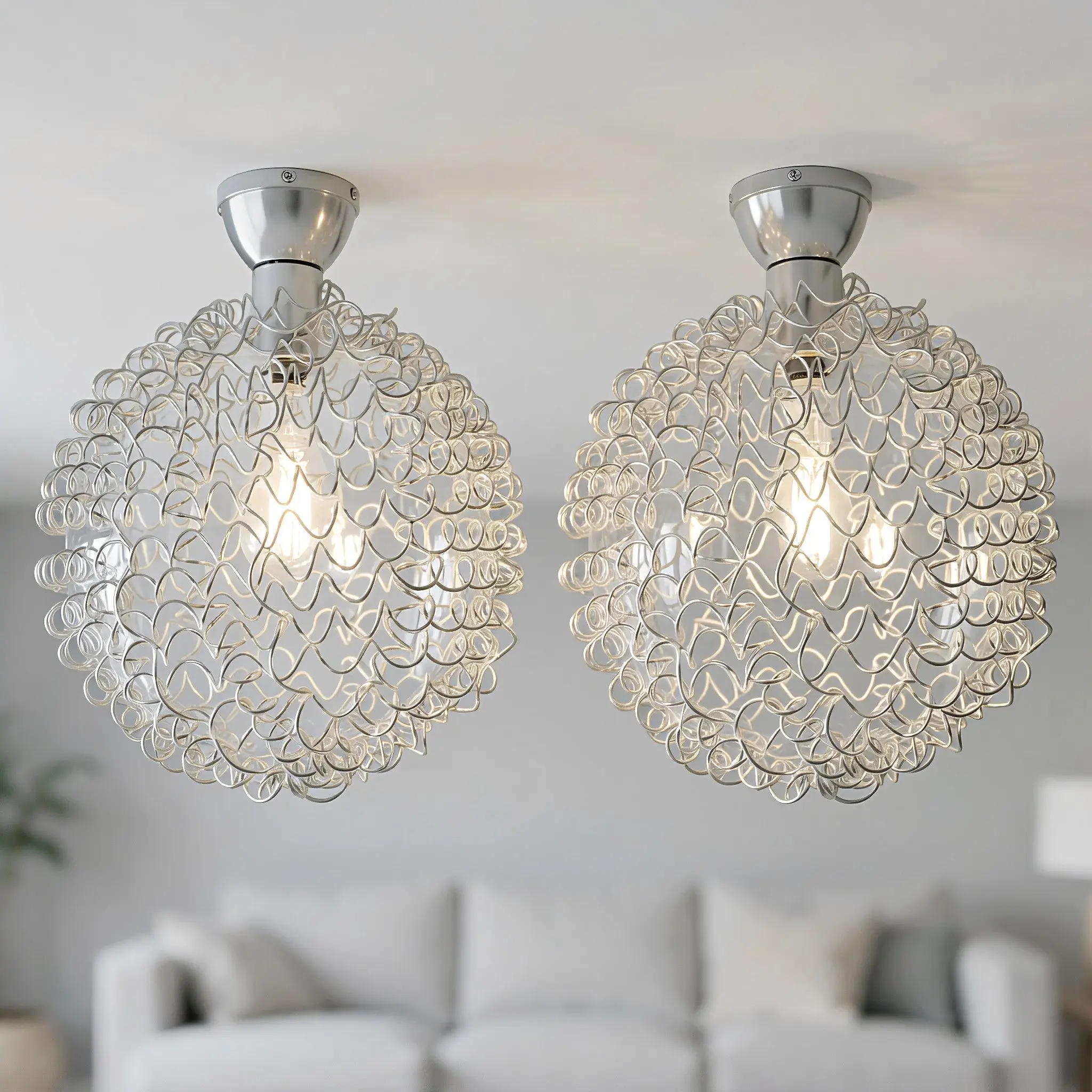 2Pcs Aluminum Wire Globe Lamp Shade Spherical Glass Pendant Light Fixture Living Room Kitchen Ceiling Hanging Lampshade