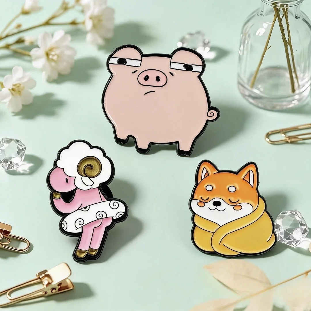 Funny Cartoon Animal Enamel Pin Set Kawaii Sheep Shiba Inu Pig Metal Brooch Badge For Backpack Jacket Decor Gift