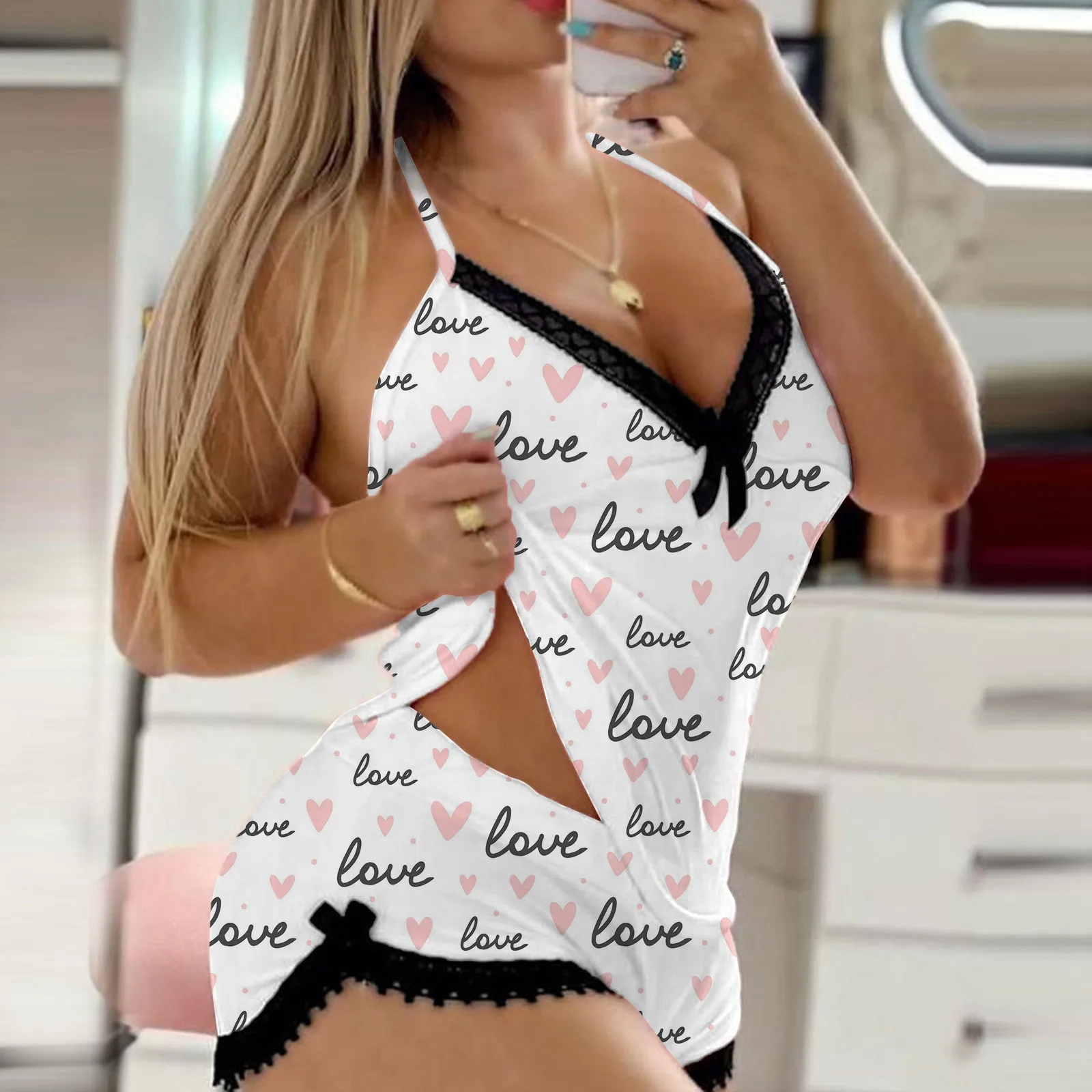 Valentine's Day Heart Print Sleeveless Halter Top and High Waist Shorts Pajama Set Women Sexy Lace Trim Bow Sweet Sleepwear