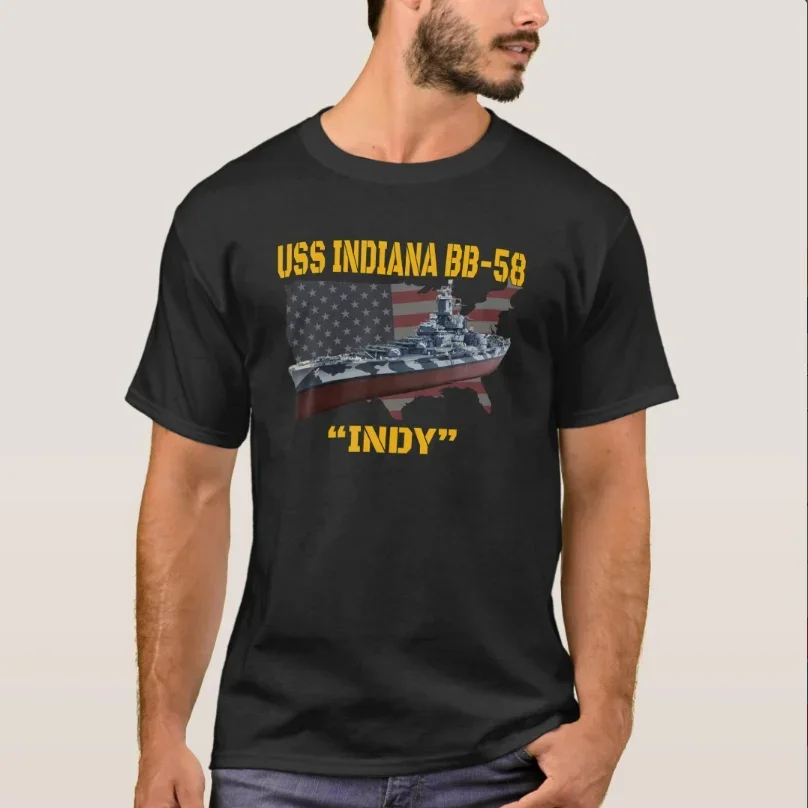 

WW2 American Warship USS Indiana BB-58 Battleship T-Shirt 100% Cotton O-Neck Summer Short Sleeve Casual Mens T-shirt Size S-3XL