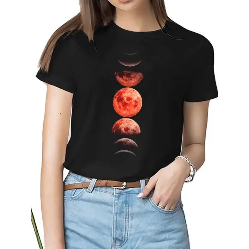 Camiseta engraçada com estampa lua feminina, camisas brancas e pretas, gola redonda, manga curta, camiseta de verão, blusa casual, moda, nova