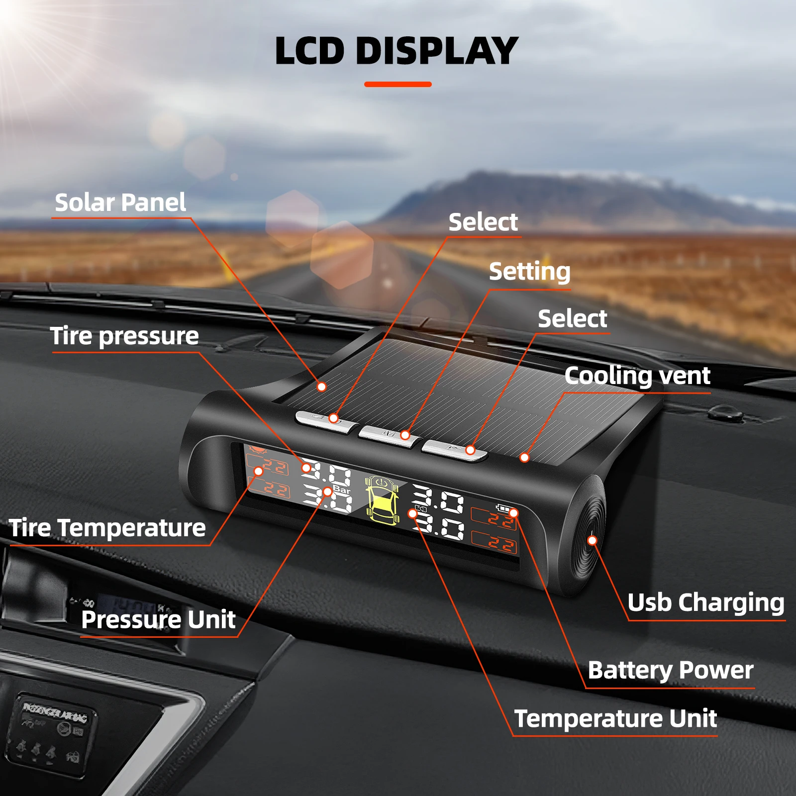 نظام مراقبة ضغط الإطارات اللاسلكي بالطاقة الشمسية TPMS LCD إنذار ضغط إطارات السيارة تحذير درجة الحرارة مع 4 أجهزة استشعار