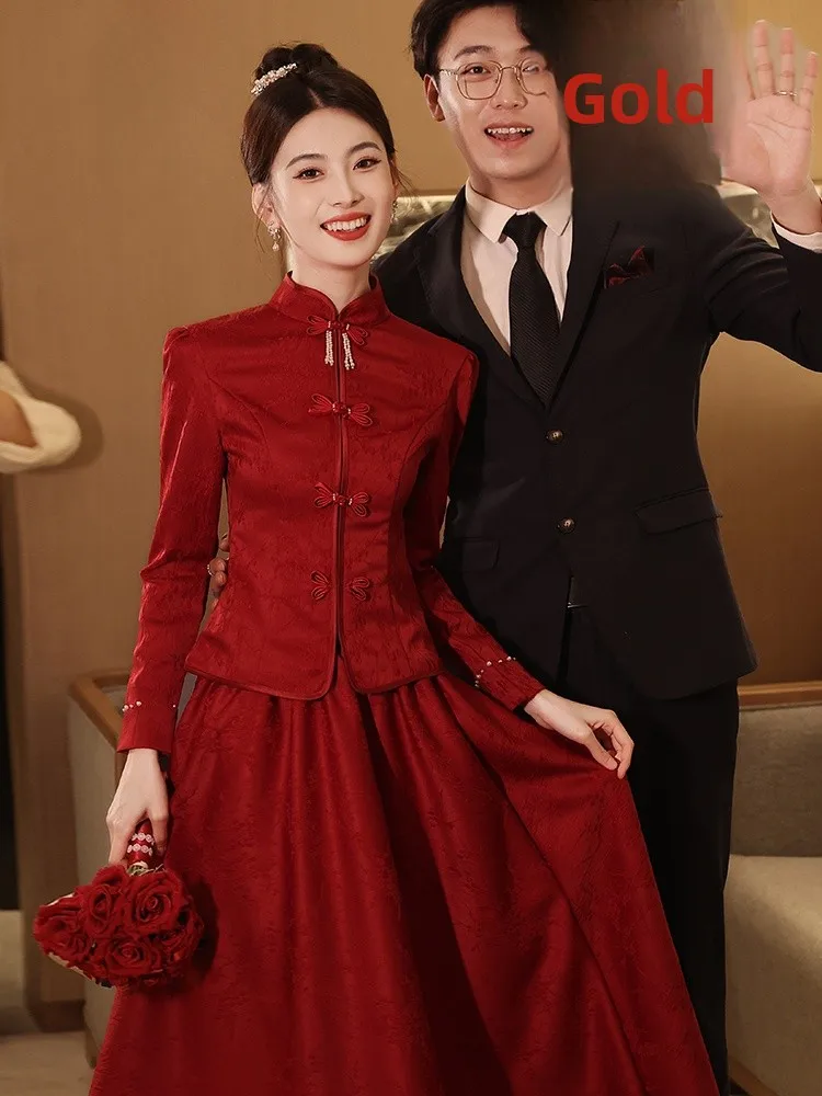 

Red Long Sve Engagement Dr Vintage Sle Beaded Pearl mid Waist Fitted Gown for Wedding KTV Date Cany Par