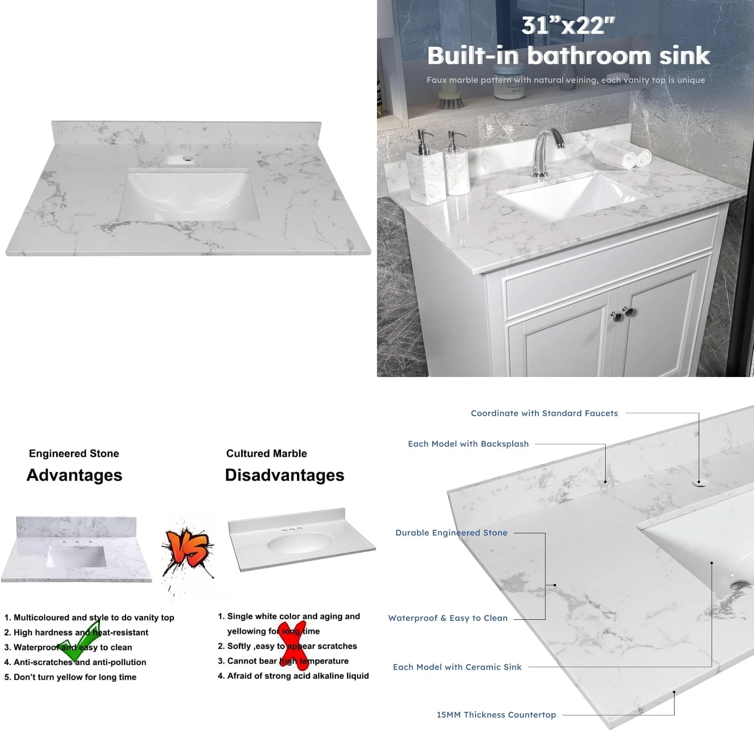 

31in White Marble Vanity Top Undermount Ceramic Sink Backsplash Engineered Stone Bathroom Counter 1 Hole, Customized