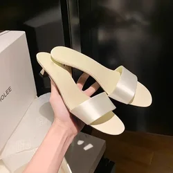 Minimalist temperament, silk one line strap with high heels, kitten heel sandals, women's summer outerwear