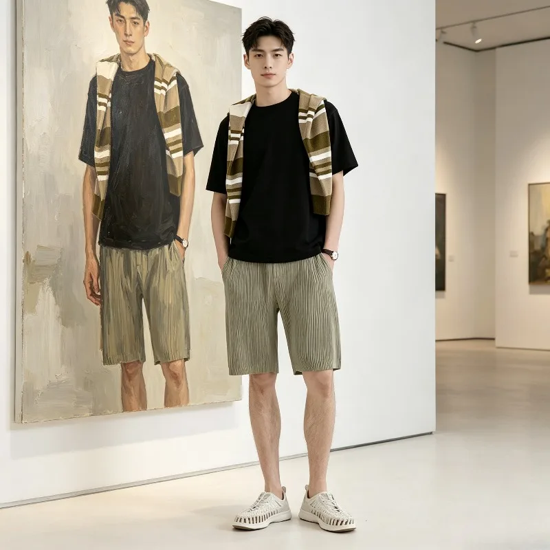 Miyake Pleated 2026 New Summer Men's Pleated Shorts Draped Fashion Five-Point Pants Loose Versatile Youth Simple Casual Pleat