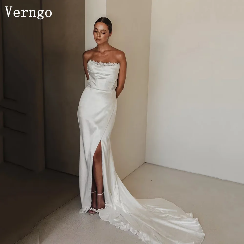 Verngo lvory Appliques Wedding Dress Off The Shoulder Mermaid Side Slit Bridal Gowns Modern Sweap Train Bride Dress Customized