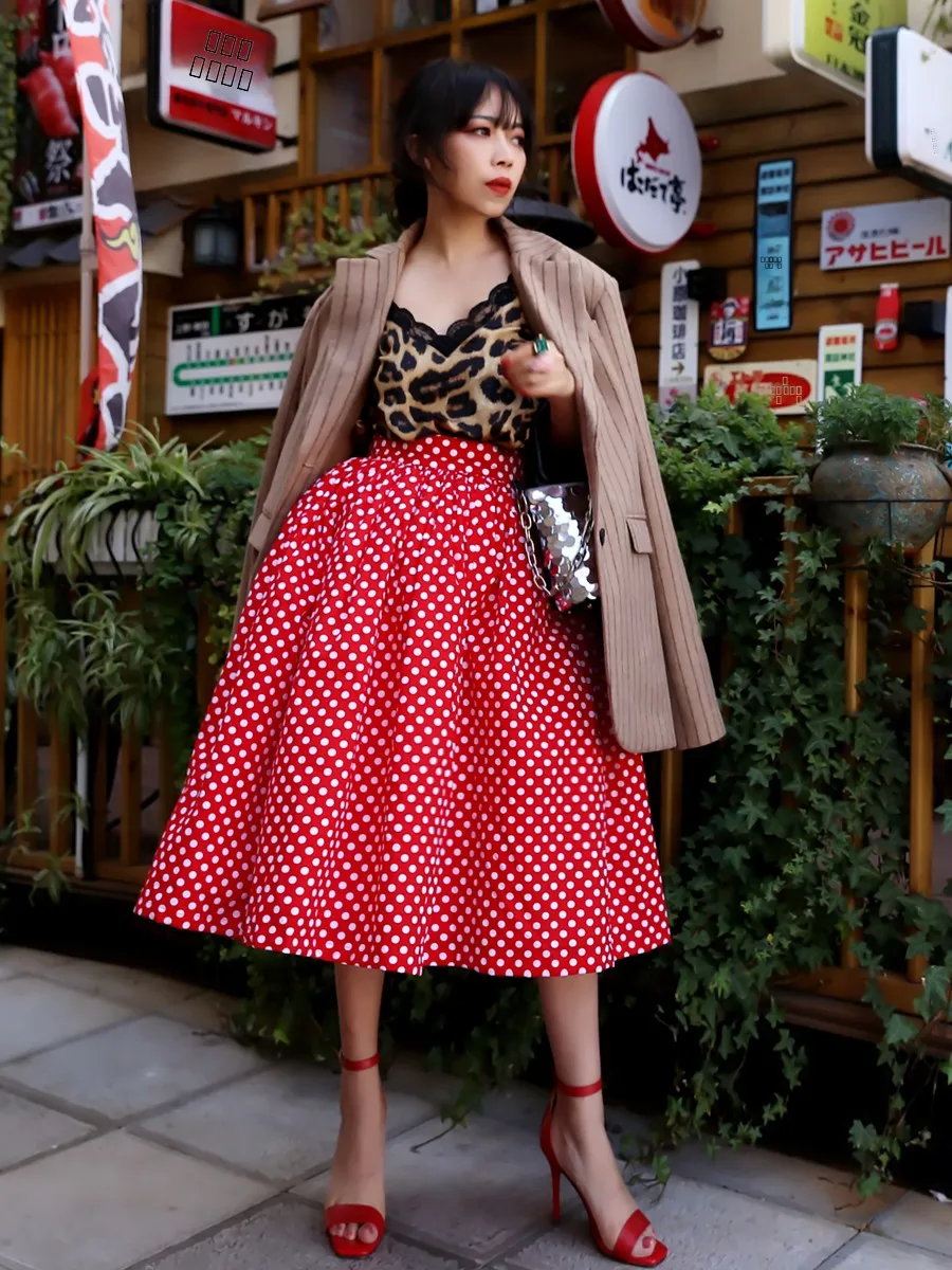 

Red Cloth f Skirt Women's Spring Autumn Polka Dot Puffy Skirt Birthday High-End Feeling Skirts Ci Commuting Casual