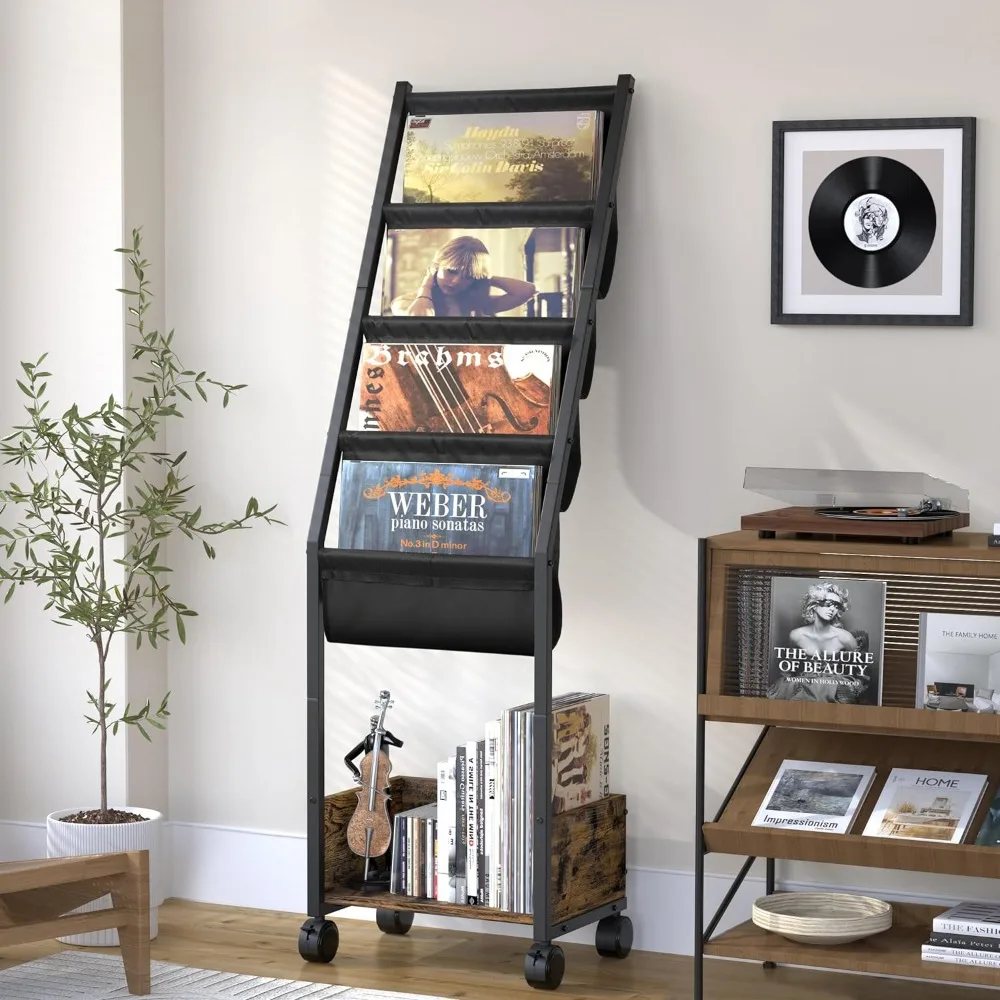 

Bookshelf, Record Stand with Vinyl Holder Display Shelf, Movable Record Table for Book Magazine Turntable, 4 Tier Bookshelf