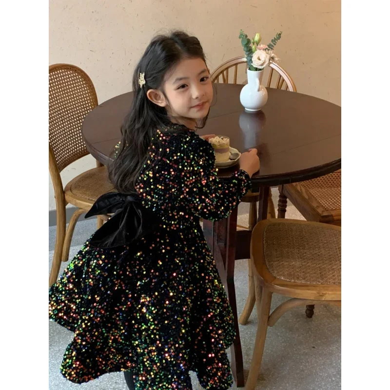 2025 Spring Autumn New Girl Dress Fleece-Lined Princess Velvet Sequined Dresses Birthday Party Costume Children Clothes Vestido