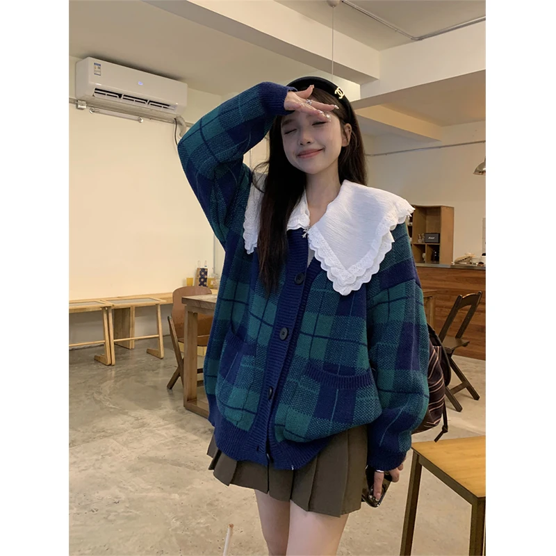 

MEXZT Vintage Plaid Knitted Cardigan Women Preppy Oversized Sweater Coat Kawaii Korean Harajuku Knitwear V Neck Casual Jumper