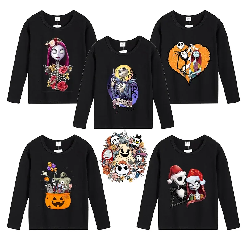 Disney-camiseta negra de manga larga con cuello redondo para niños, ropa fina con estampado de la pesadilla antes de Navidad, Sally Jack, regalo