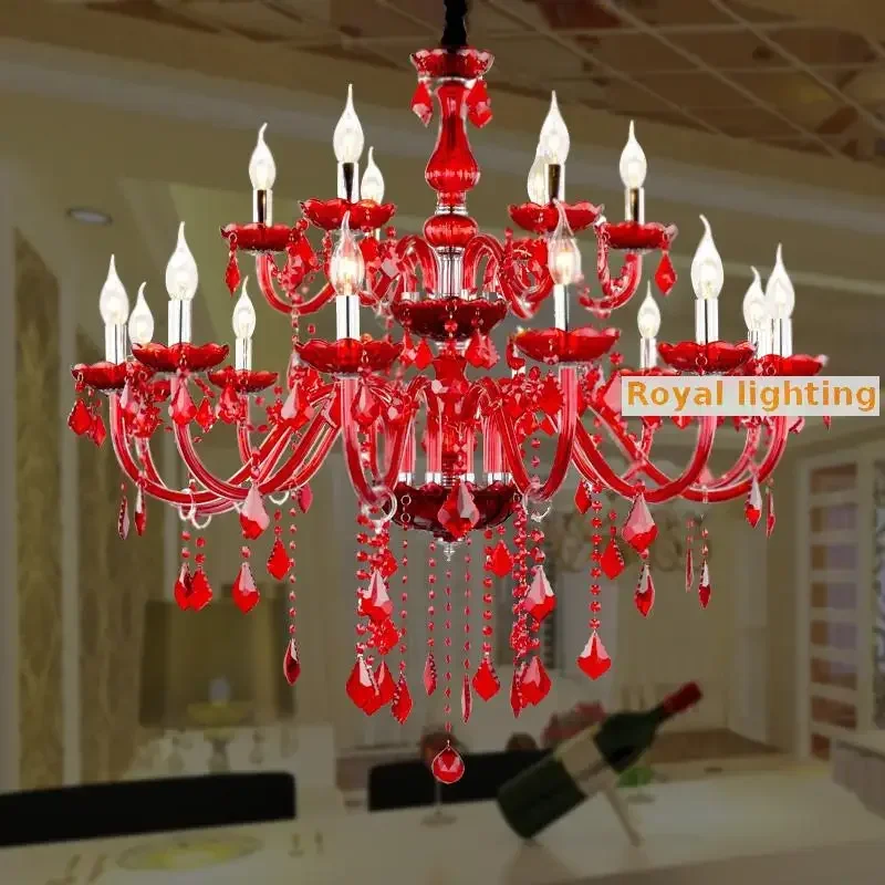 Red Christmas Holiday lighting Lucky wine red crystal chandelier Led Pendientes  12/15/18 pcs Large wedding candle holders light