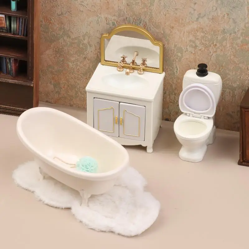 1/12 Dollhouse Miniature Bathtub Toilet Wash Basin Cabinet Model Funiture Accessories For Doll House Decor Kids Pretend Play Toy