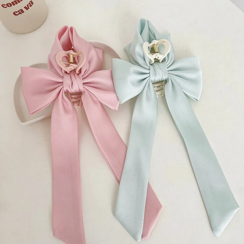 Sweet Plastic Ribbon Bow Hair Claw Solid Color Foldable Satin Shark Clip Korean Style Hair Accessories Hair Crab Clip Party