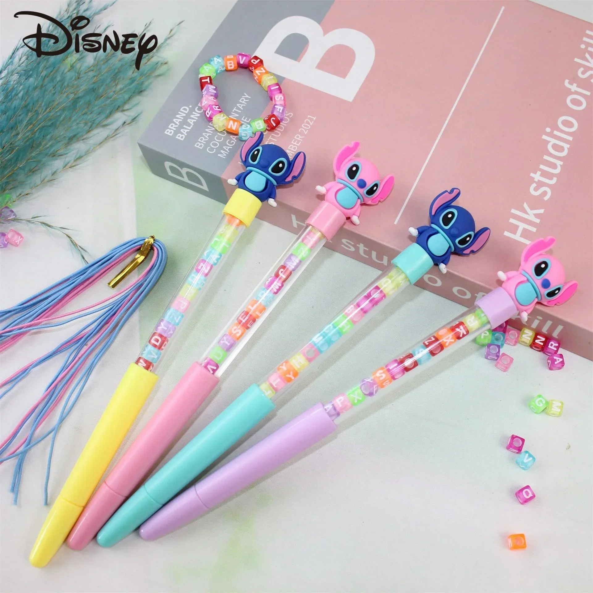 

1/4pcs Anime Figures Disney Lilo & Stitch Bead Pen DIY Bracelet Boys Girls Toys Student Gel Black Pen Cartoon Christmas Gift