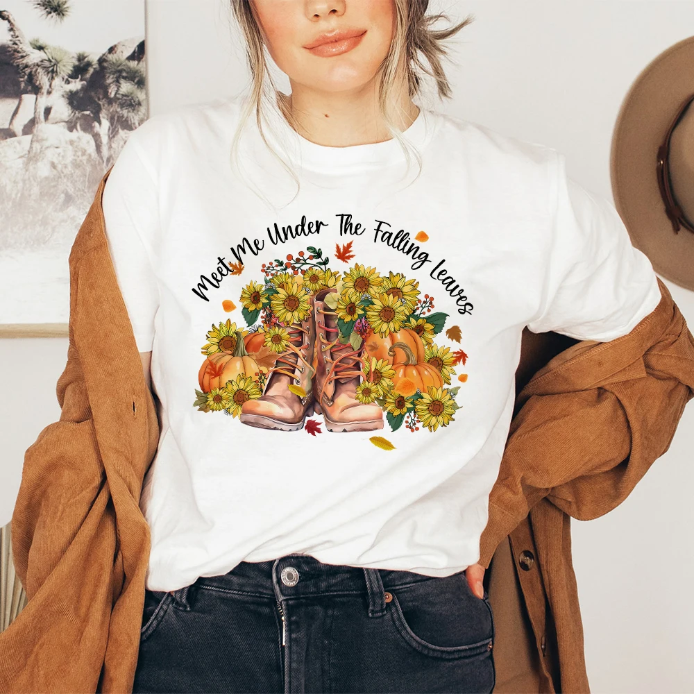 Meet Me Under The Falling Leaves Printed Shirt Women Fall Holiday Outfit T-shirt Thanksgiving Halloween Girls Short Sleeve Tee