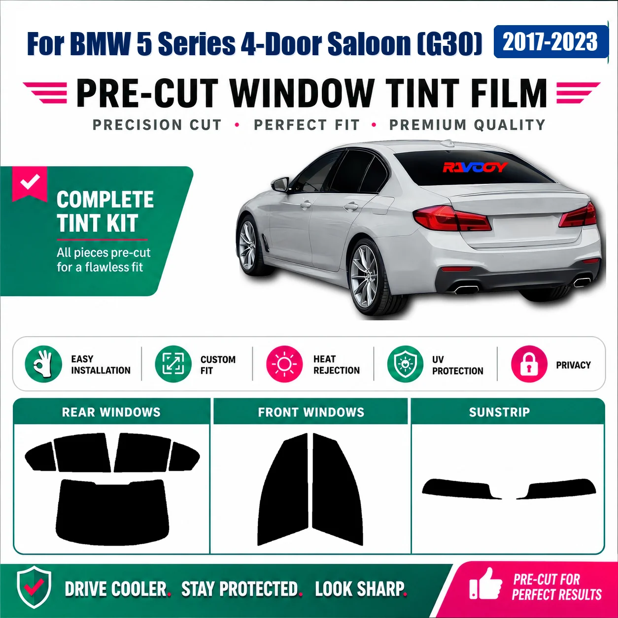 For BMW 5 Series 4-Door Saloon (G30) 2017-2023 Precut Complete Window Precut Tint Film Anti-Glare Privacy Film