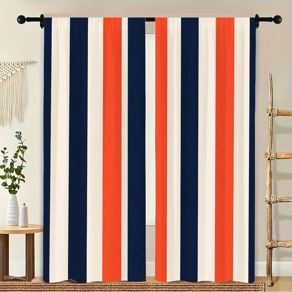 

2Pcs Curtain Modern Vertical Stripe Blue Orange Red And White Window Drapes for Bedroom Living Room Decoration Window Treatment.