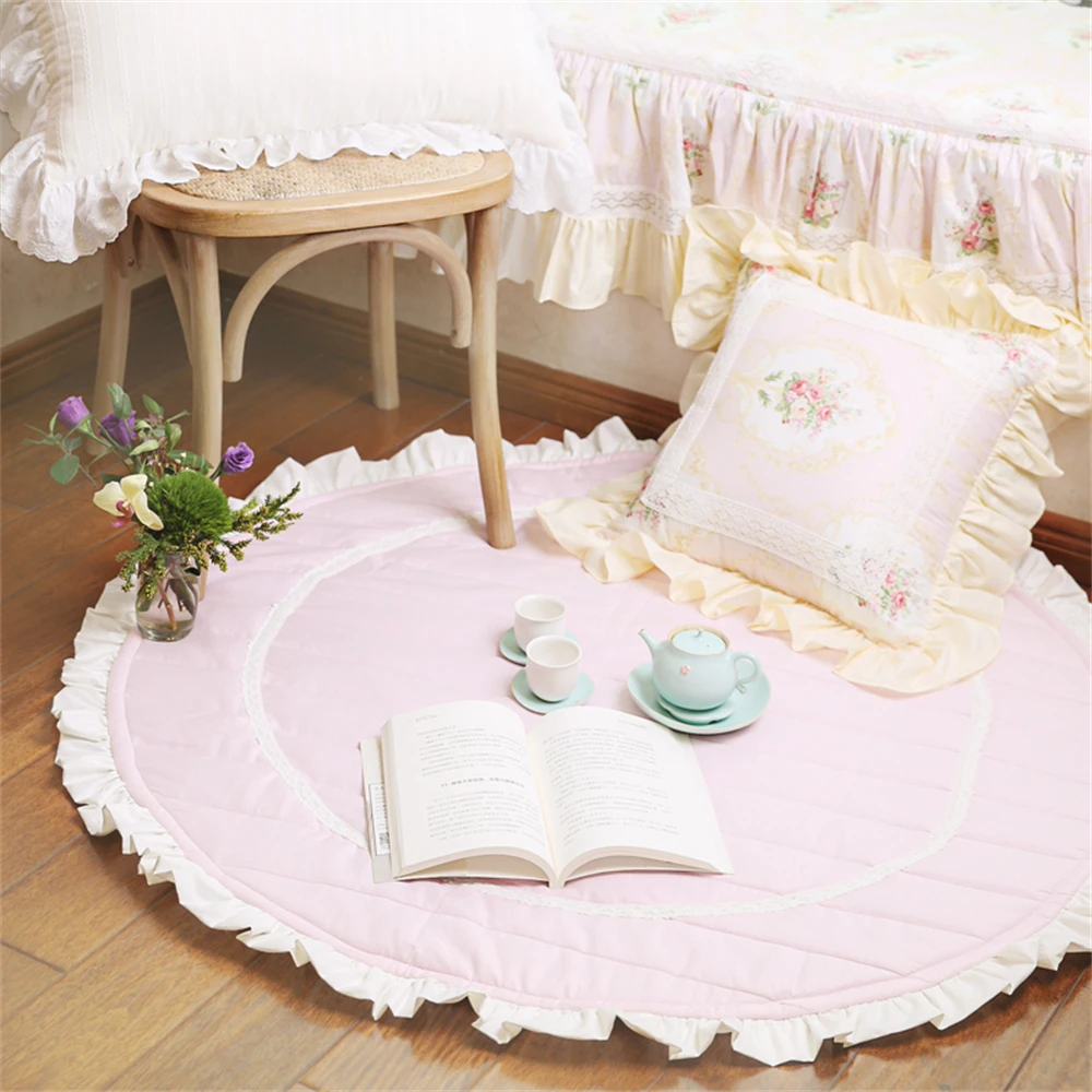 Princess Style Round Cotton Carpet Home Bedroom Bedside Blanket Coffee Table Mat Korean Room Ruffled Floor Mat Machine Washable