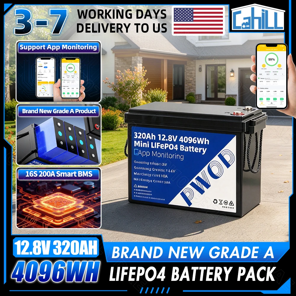 US Stock 12v 320ah APP Control Lifepo4 Battery 4kwh 4096wh 12.8v Lithium Iron Phosphate Rechargeable Cells Pack DIY 24V 48V For Camping Boats Home Solar Energy Storage RV Golf Cart
