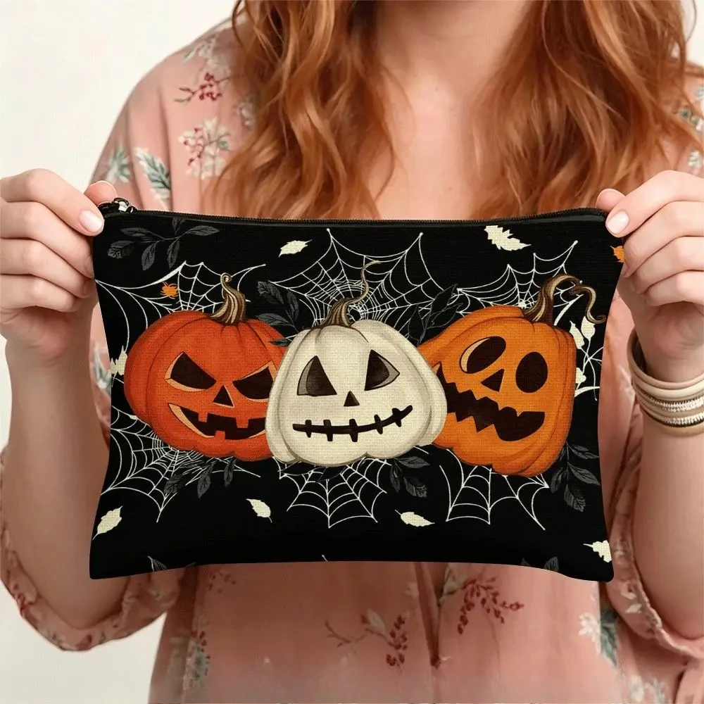 Vintage Halloween Jack‑o‑lantern Print Makeup Bag Zipper Cosmetic Pouch Portable Travel Toiletry Organizer Storage Purse