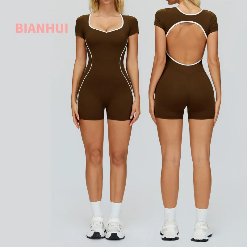 

Color-Block Nude Feel Bodysuit Hollow Out Beauty Back Tight-Fitting Sports Fitness Running Workout Yoga Wear For Women Jumpsuit