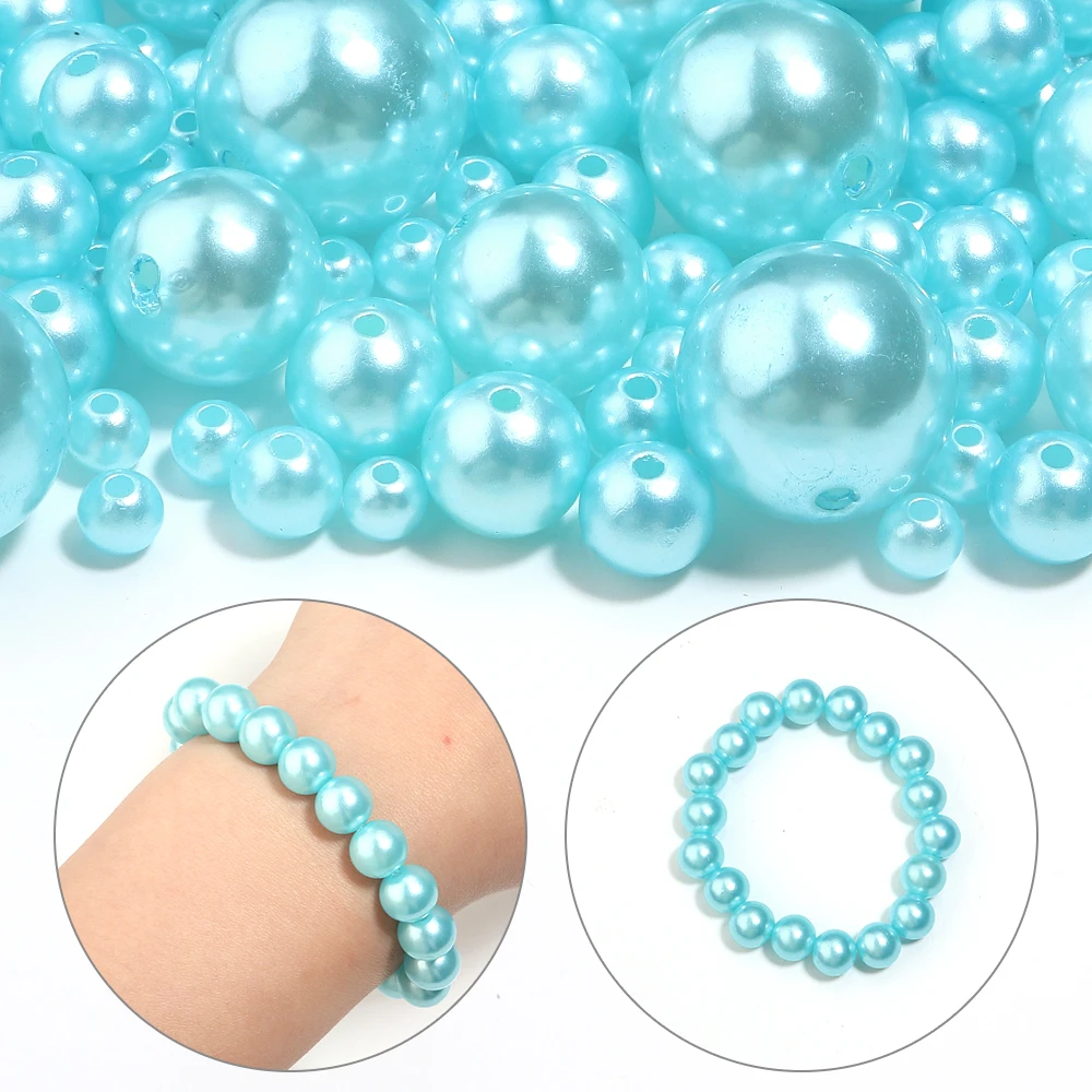 10-1000pcs/lot ABS Imitation Pearl Beads With Hole Blue Loose Beads For Jewelry Making DIY Necklace Hand Sewing Supplies