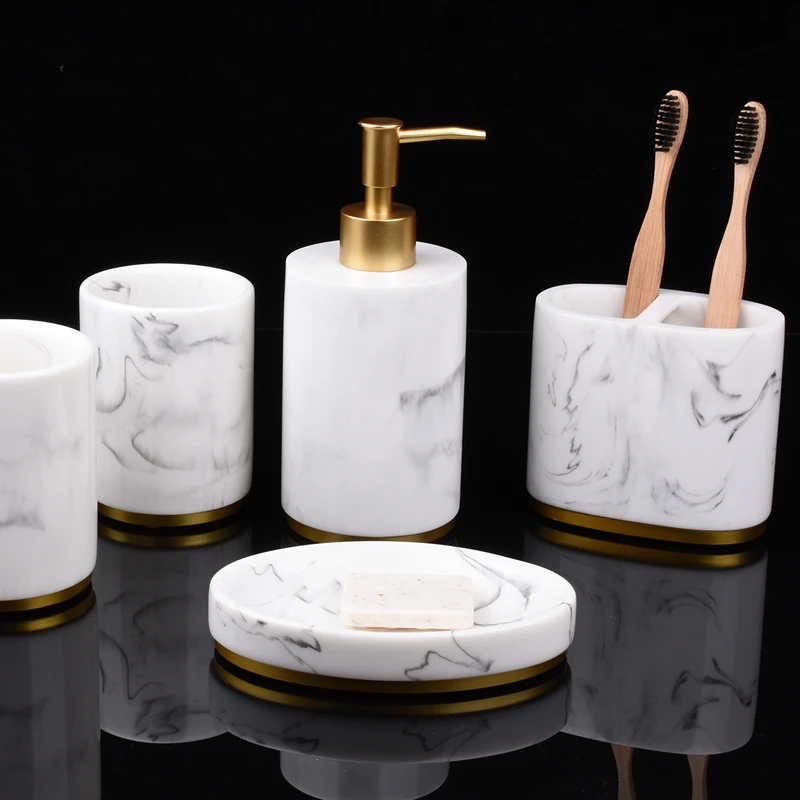 Juego de accesorios de baño, conjunto de baño de 5 piezas, colección de juego de baño, bomba dispensadora de jabón con patrón de mármol, soporte para cepillo de dientes, Soa