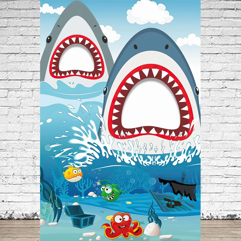 Photography Backdrop Surfer Shark Face Cutout Photo Props Background Summer Beach Face In Hole Selfie Pretend To Play Game