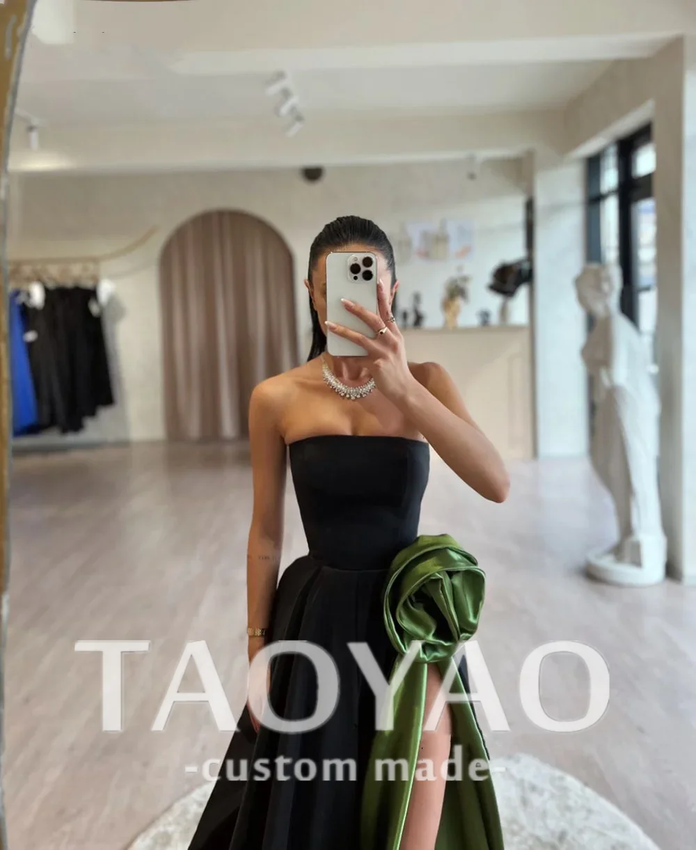 Green Satin Off Shoulder Prom Gown Strapless A Line Evening Dress For Women 2024 Side Slit Party Dress 3D Flowers Prom Dress