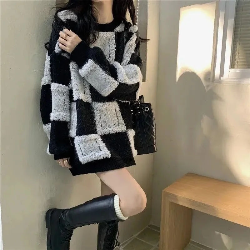 Pullover shirt Very Thick Plus Fat and Checkerboard Plaid Sweater for Women's 2025 Autumn and Winter New Lazy Style Jacket XXXL