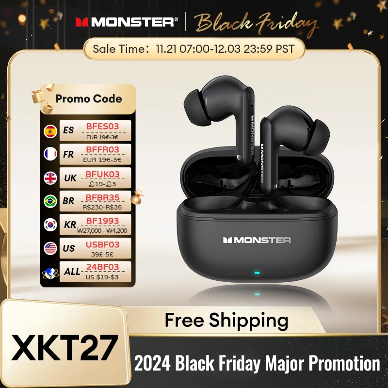 Monster XKT27 auriculares Bluetooth V5.4 Larga modo de reposo auriculares inalámbricos con sonido HIFI reducción de ruido inteligente auriculares de llamada HD