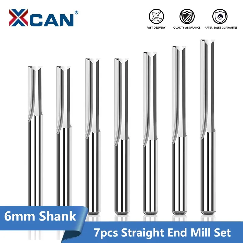 

XCAN Straight End Mill 6mm Shank 7pcs 17-52mm Carbide Milling Cutter for Woodworking 2 Flute CNC Machine Router Bit