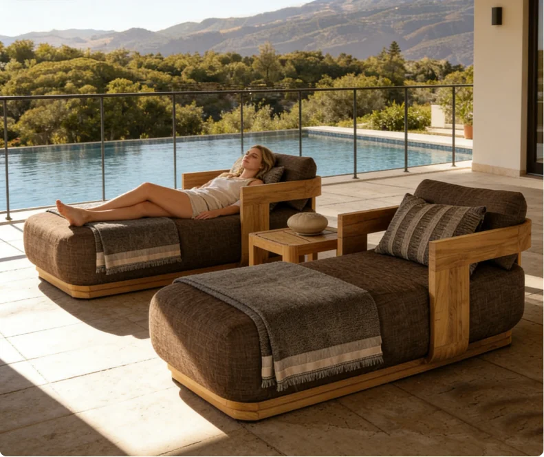 

@3 # Modern Teak Wood Outdoor Sun Loungers With Thick UV Resistant Durable Eco-Friendly Cushions For Poolside Patio Hotel & Vill