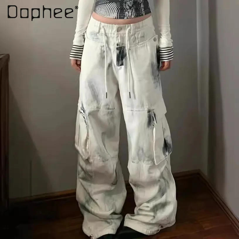 

American Oversized Big Pocket Cargo Denim Pants Drawstring Streetwear Baggy Wide Leg Jeans Pants Full Length White