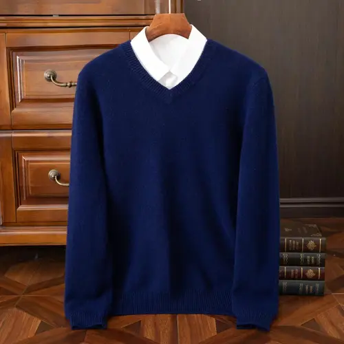 Imagen 2 del producto 2025 suéter 100% de lana merina de Cachemira con cuello en V para hombre, jersey inteligente informal básico de manga larga, prendas de punto, Tops para Otoño e Invierno