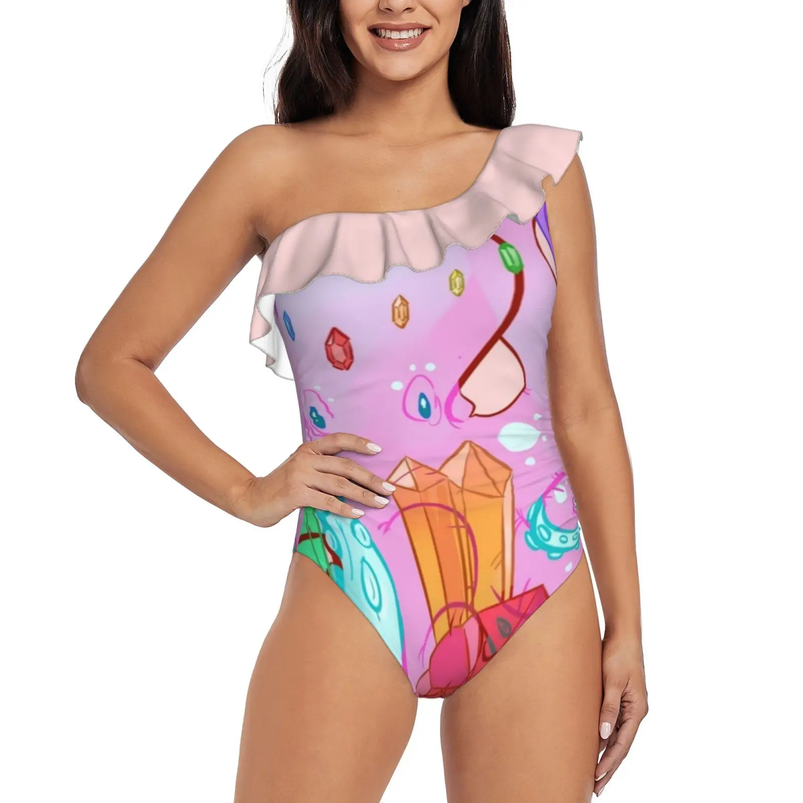 Crystal Octo One-Piece Swimsuit One Shoulder Ruffle Swimsuit Sexy Monokini New Girl Beach Swimwear Hipster Pastel Octopus Octo