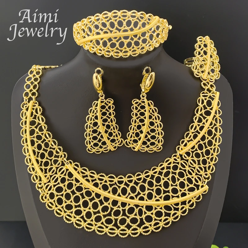 

Line Geometric Dubai Gold Plated Collar 4Pcs Jewelry Sets Chunky Necklace Earring Bracelet Ring Bridal Wedding Party Gifts