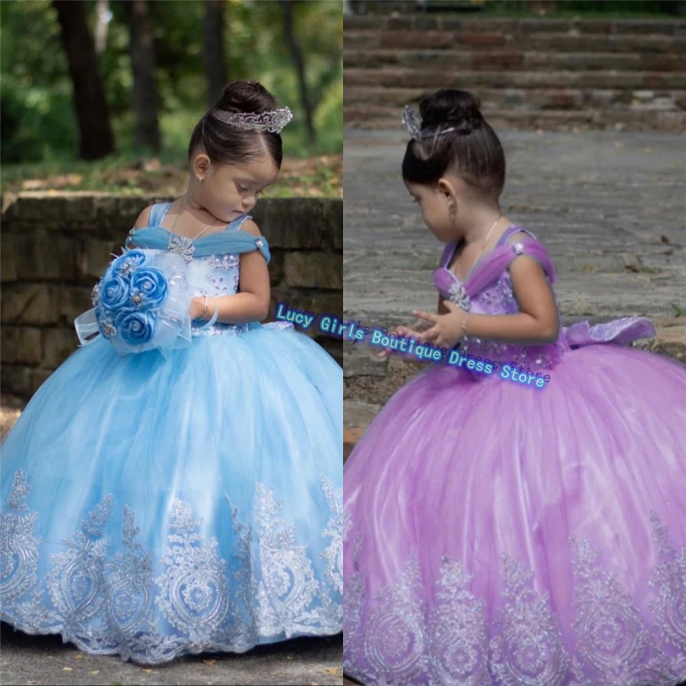 Customized Lovely Flower Girl Dress Blue Tulle Bow White Printed Princess Wedding Dresses Party Ball Kids Birthday Gowns