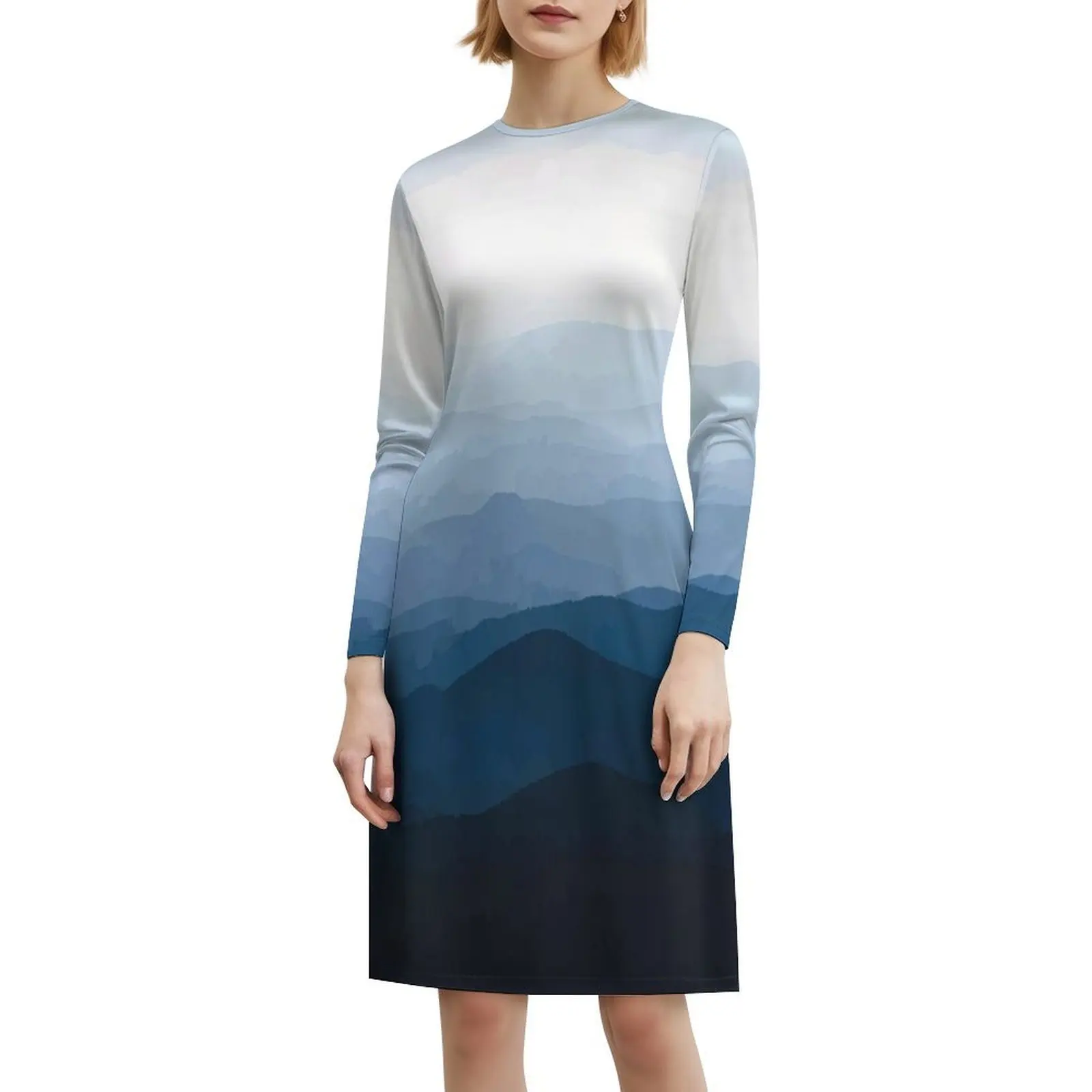 فستان Blue Misty Mountains على الطراز الكوري للنساء، فستان كاجوال أنيق للحفلات أو الارتداء اليومي، جبال زرقاء، طبيعة المناظر الطبيعية #6