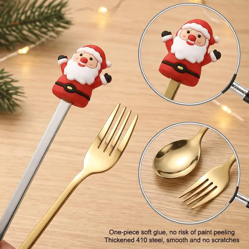 *4Pcs Stainless Steel Christmas Cutlery Spoon Fork Set Cartoon Handle And Gift Box For Holiday Gifting Xmas Dinner Table Decor
